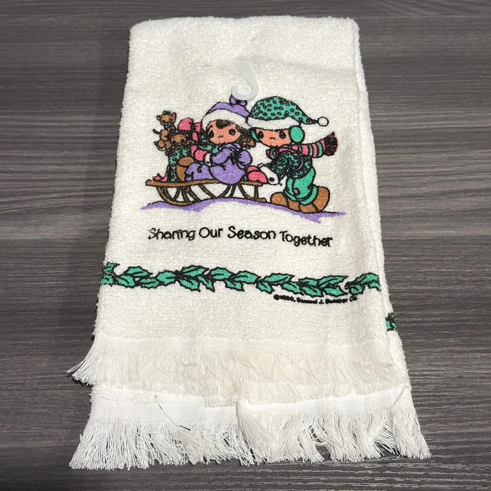 Vtg Precious Moments Hand Towels Set of 2 Leshner Mills White Fringe USA 1990